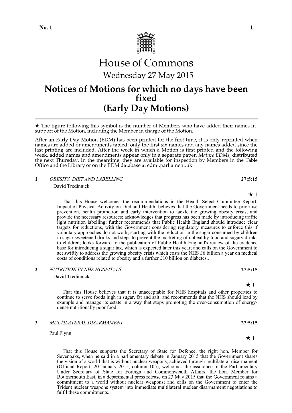 House of Commons Wednesday 27 May 2015 Notices of Motions for Which No Days Have Been Fixed (Early Day Motions)