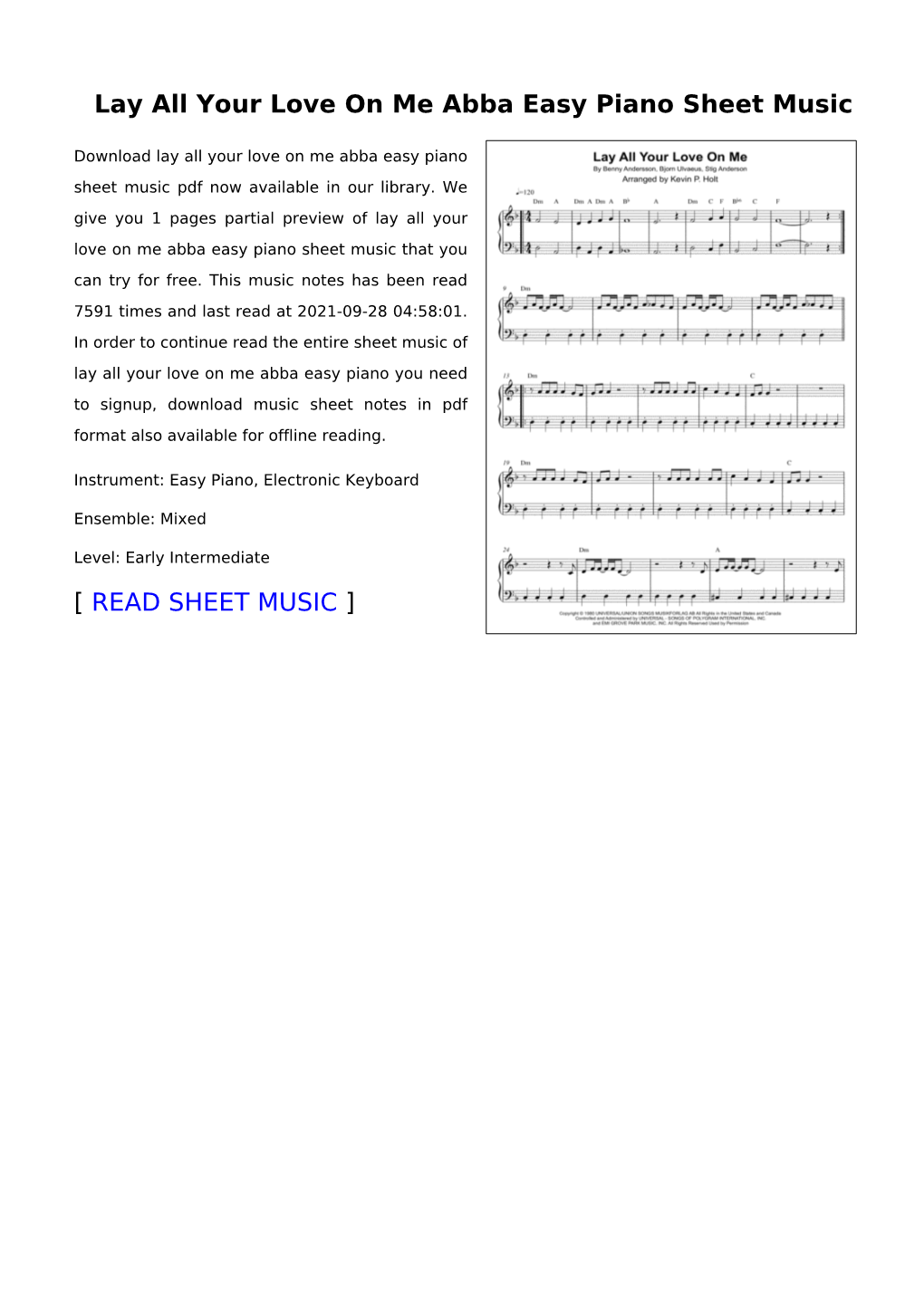 Lay All Your Love on Me Abba Easy Piano Sheet Music