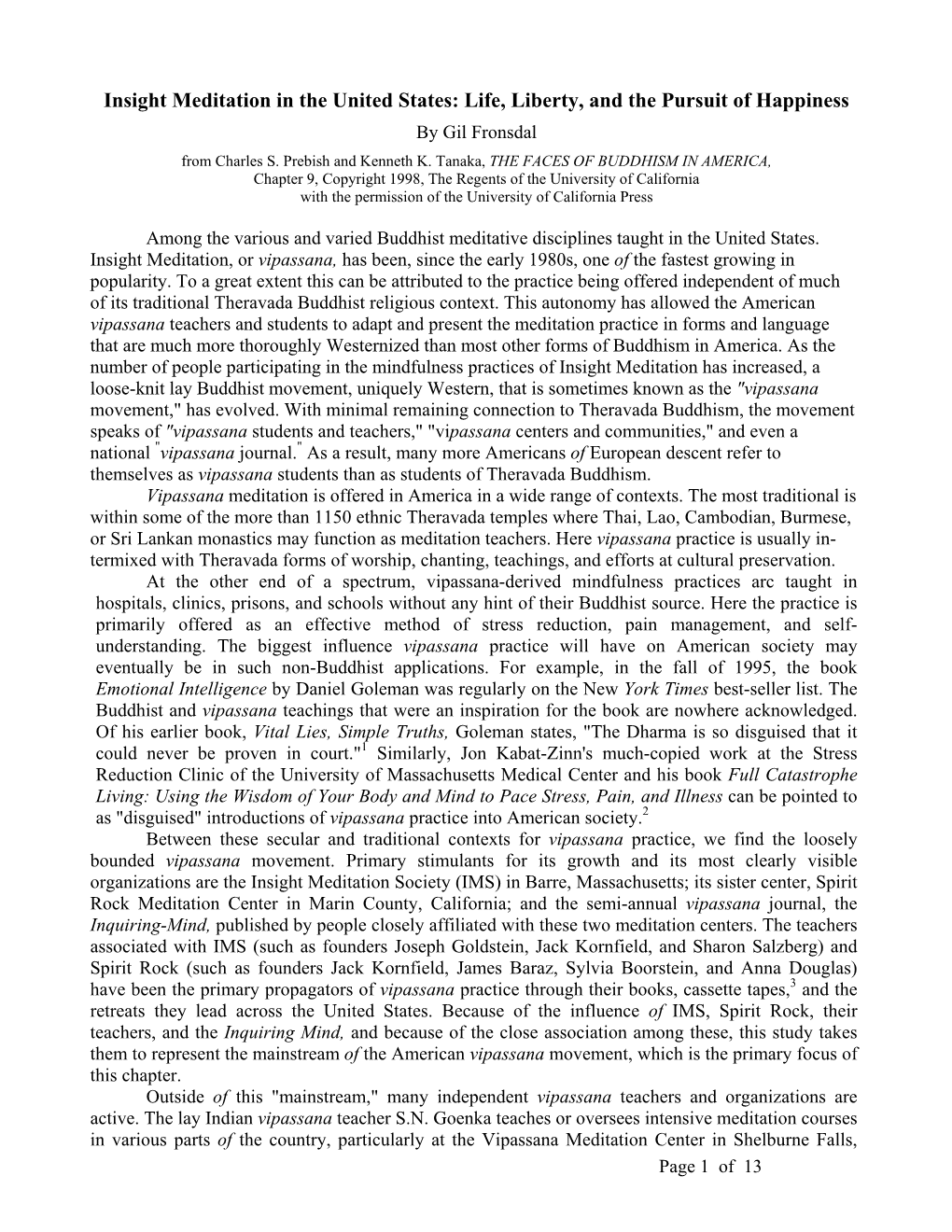 Insight Meditation in the United States: Life, Liberty, and the Pursuit of Happiness by Gil Fronsdal from Charles S