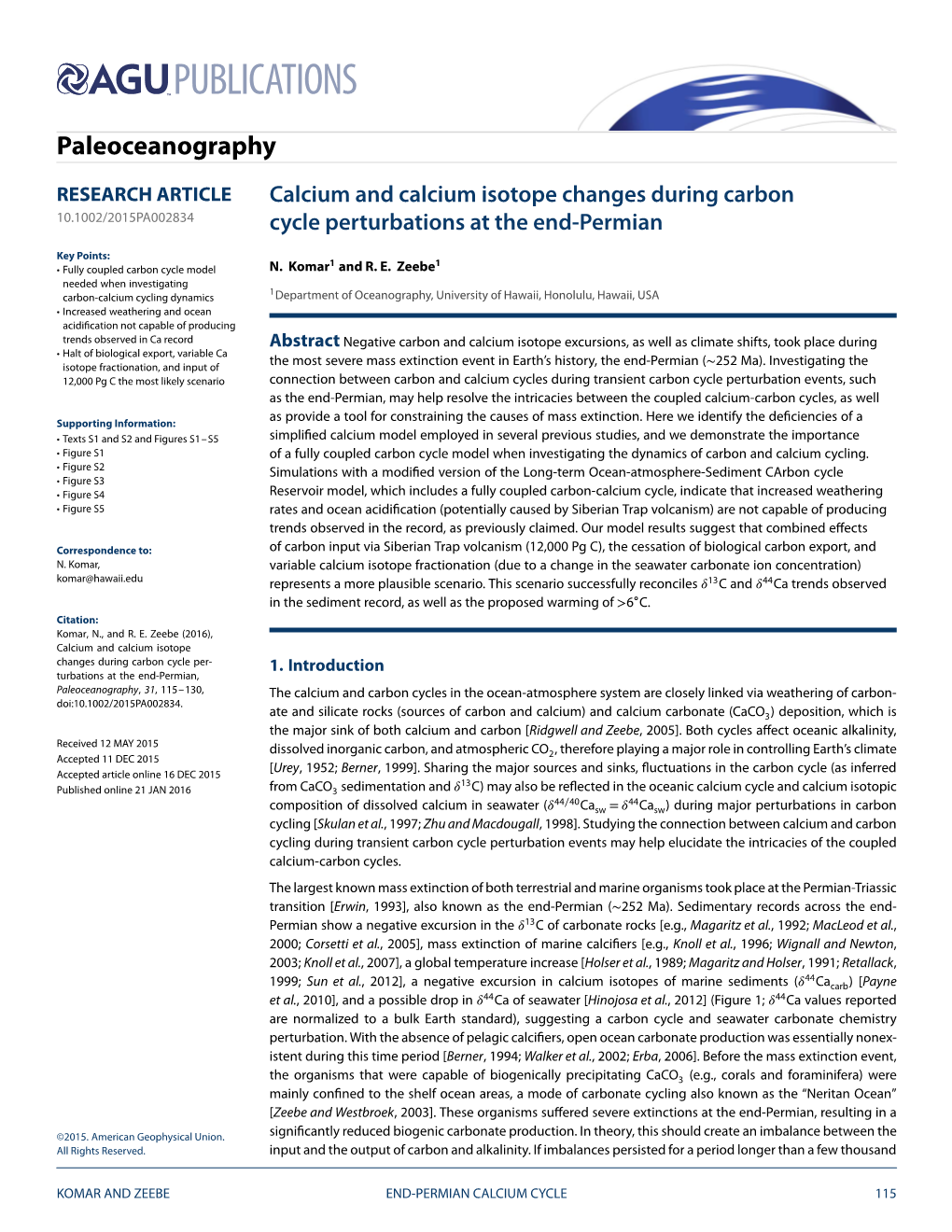 Calcium and Calcium Isotope Changes During Carbon Cycle Perturbations at the End-Permian