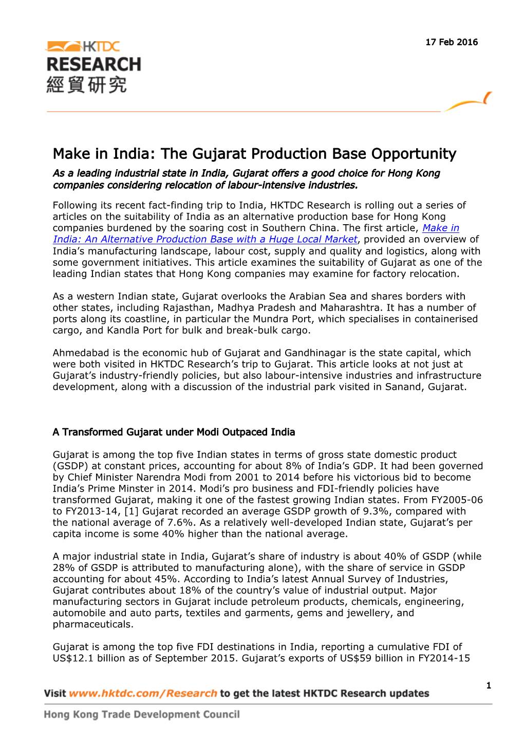 Make in India: the Gujarat Production Base Opportunity