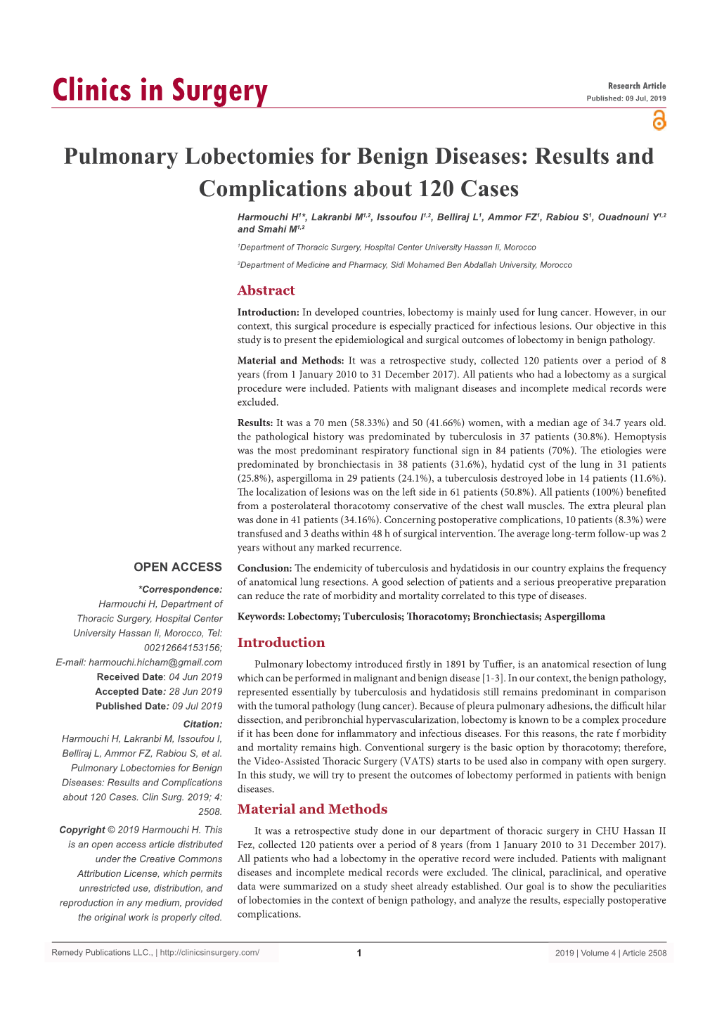 Pulmonary Lobectomies for Benign Diseases: Results and Complications About 120 Cases