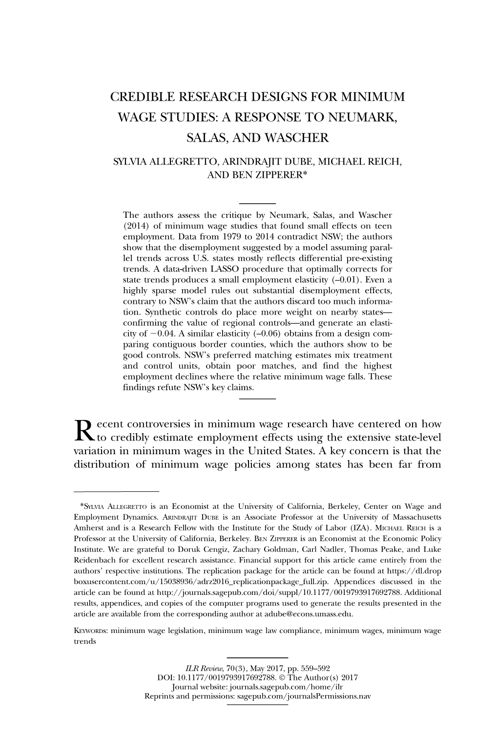 Credible Research Designs for Minimum Wage Studies: a Response to Neumark, Salas, and Wascher