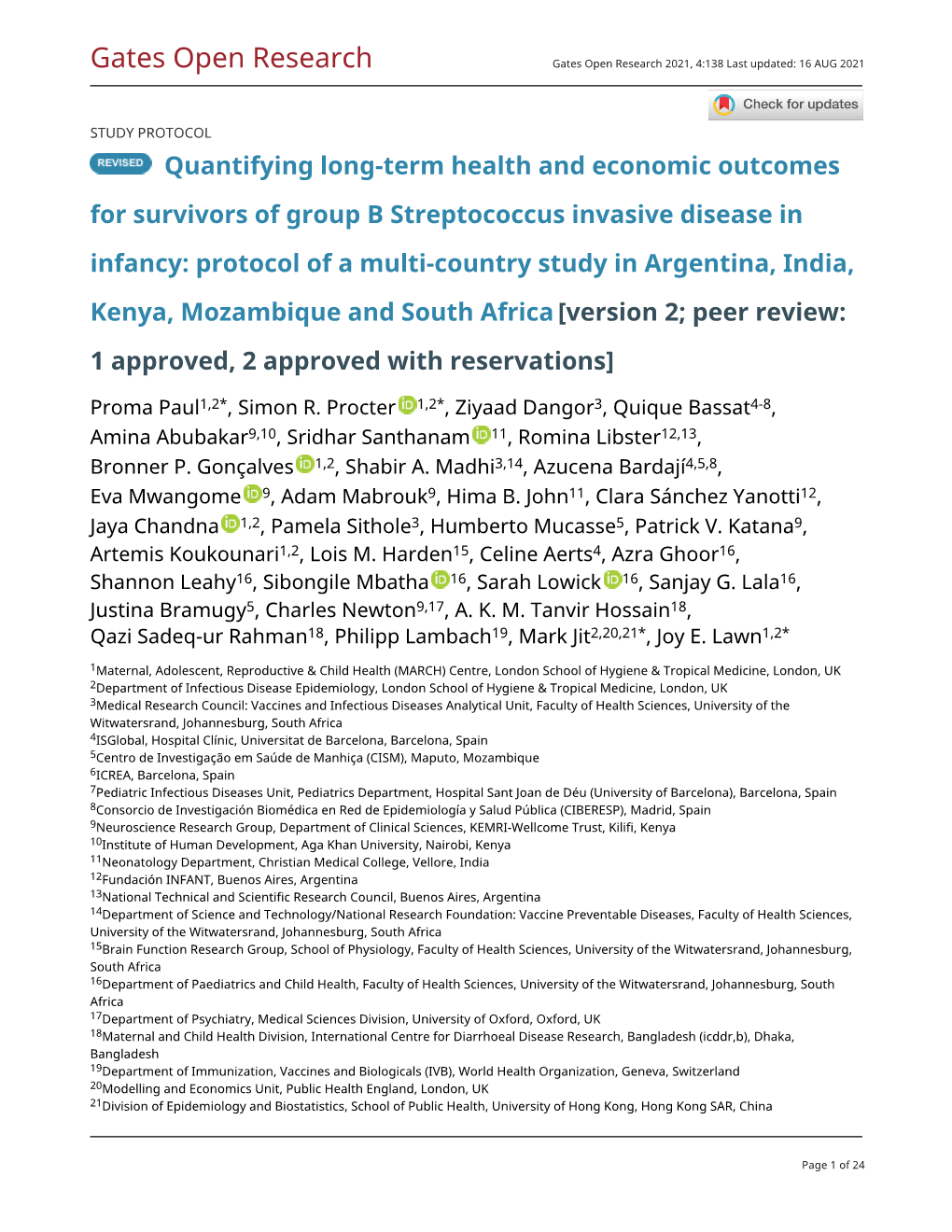 Quantifying Long-Term Health and Economic Outcomes for Survivors of Group B Streptococcus Invasive Disease in Infancy: Protocol of a Multi-Country Study in Argentina, India, Kenya