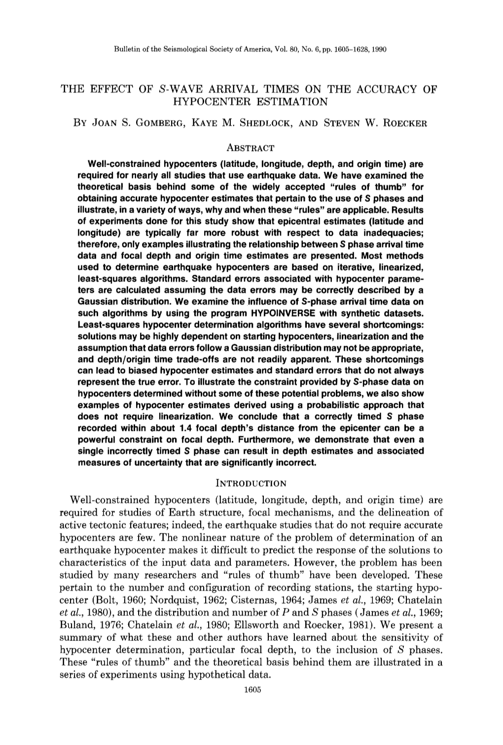 The Effect of S-Wave Arrival Times on the Accuracy of Hypocenter Estimation