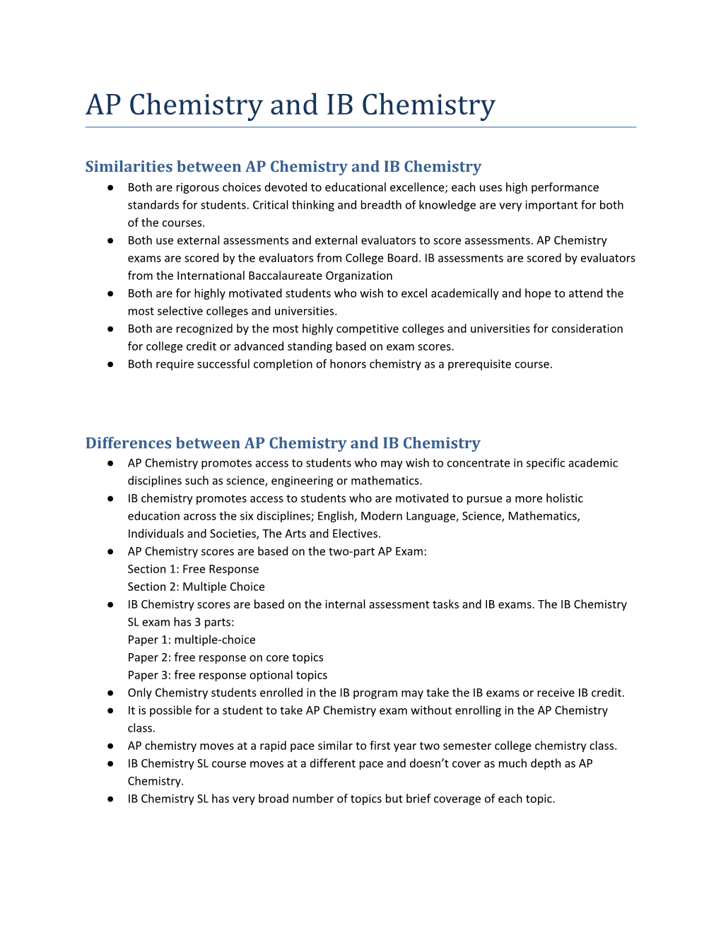 AP and IB Chemistry Similarities and Differences