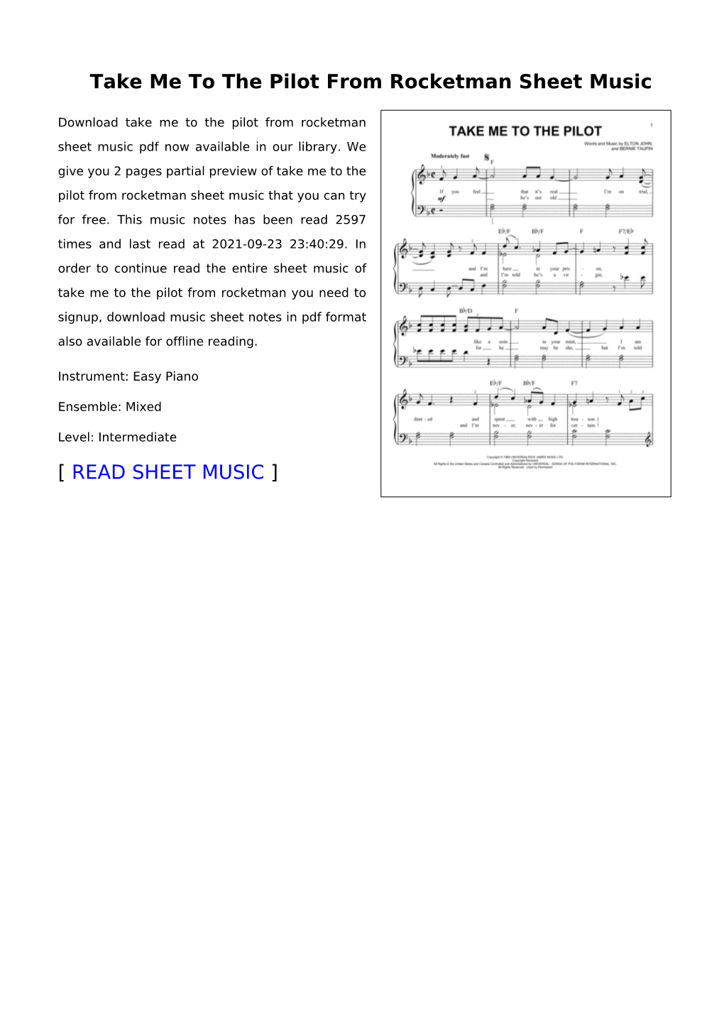 Take Me to the Pilot from Rocketman Sheet Music