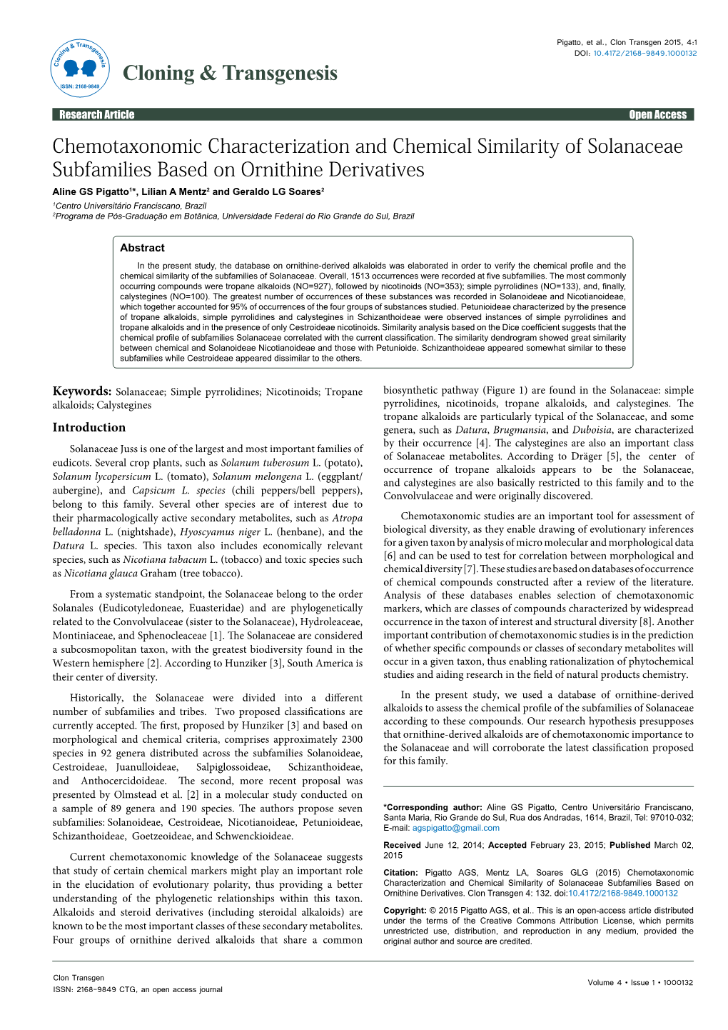 Chemotaxonomic Characterization and Chemical Similarity of Solanaceae Subfamilies Based on Ornithine Derivatives