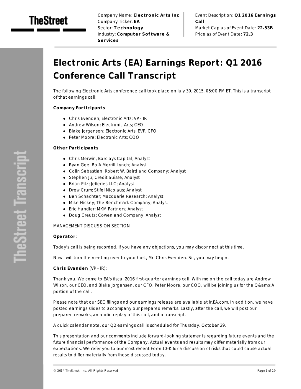 Electronic Arts (EA) Earnings Report: Q1 2016 Conference Call Transcript