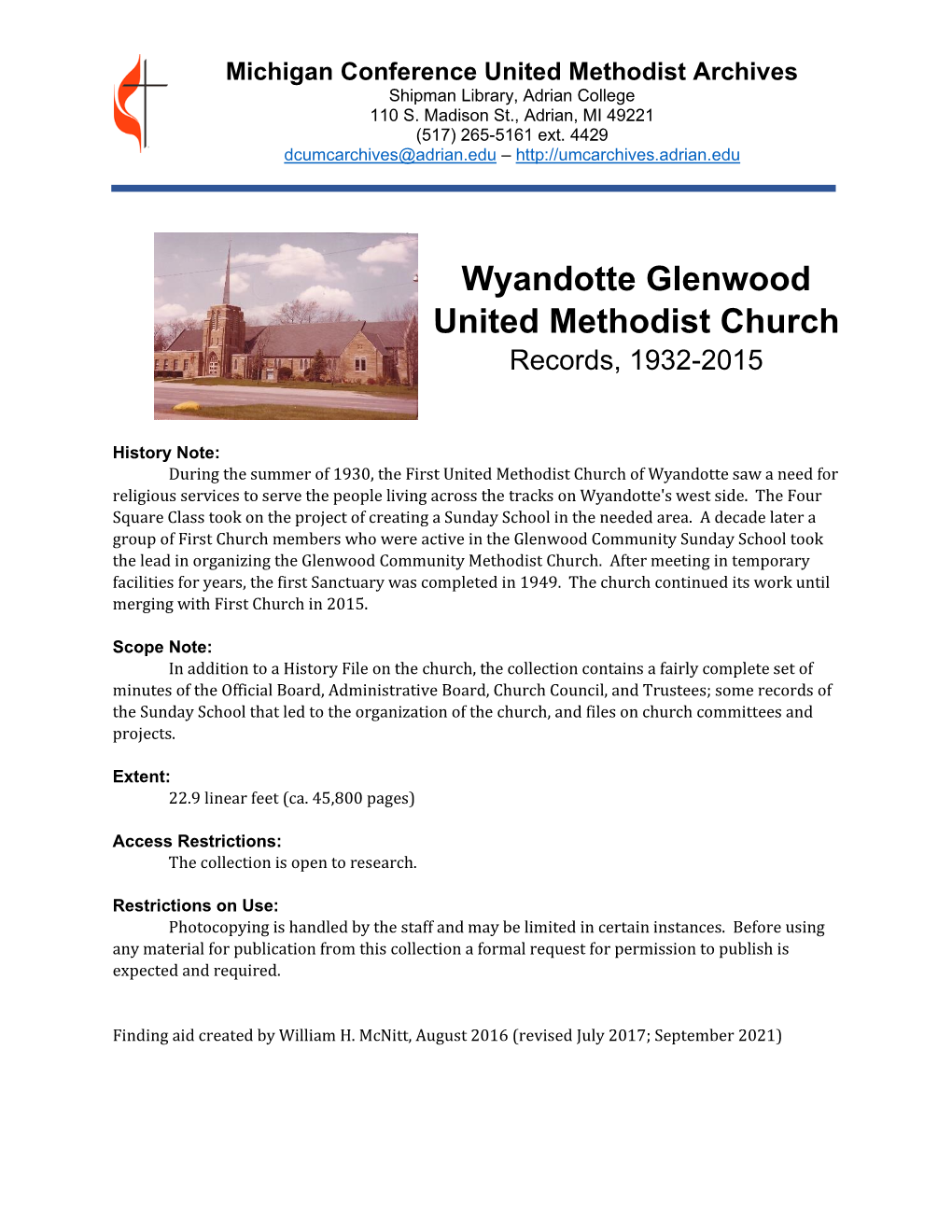 Wyandotte Glenwood United Methodist Church Records, 1932-2015