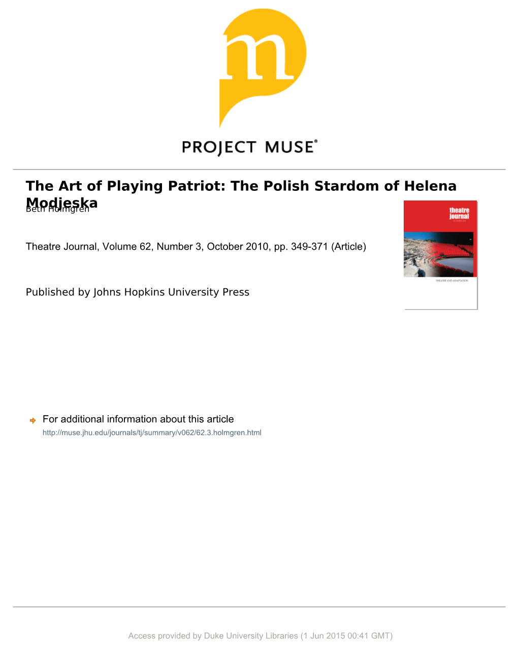 The Art of Playing Patriot: the Polish Stardom of Helena Modjeska