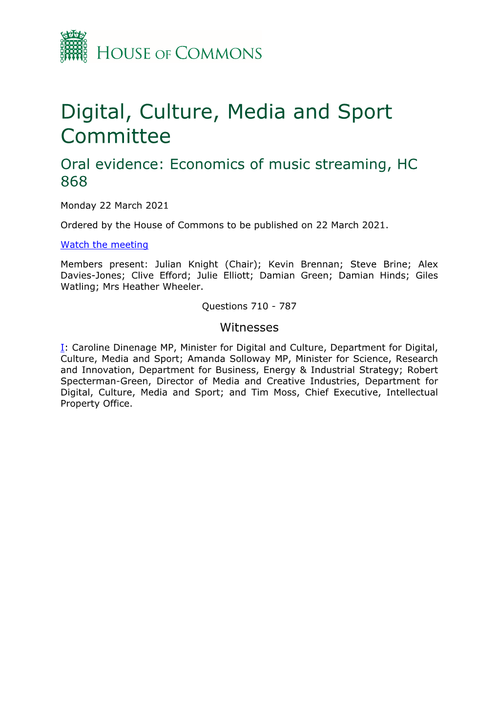 Digital, Culture, Media and Sport Committee Oral Evidence: Economics of Music Streaming, HC 868