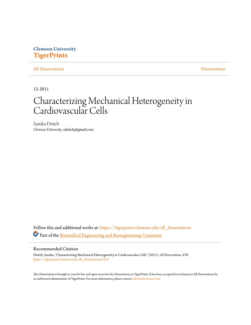 Characterizing Mechanical Heterogeneity in Cardiovascular Cells Sandra Deitch Clemson University, Sdeitch@Gmail.Com