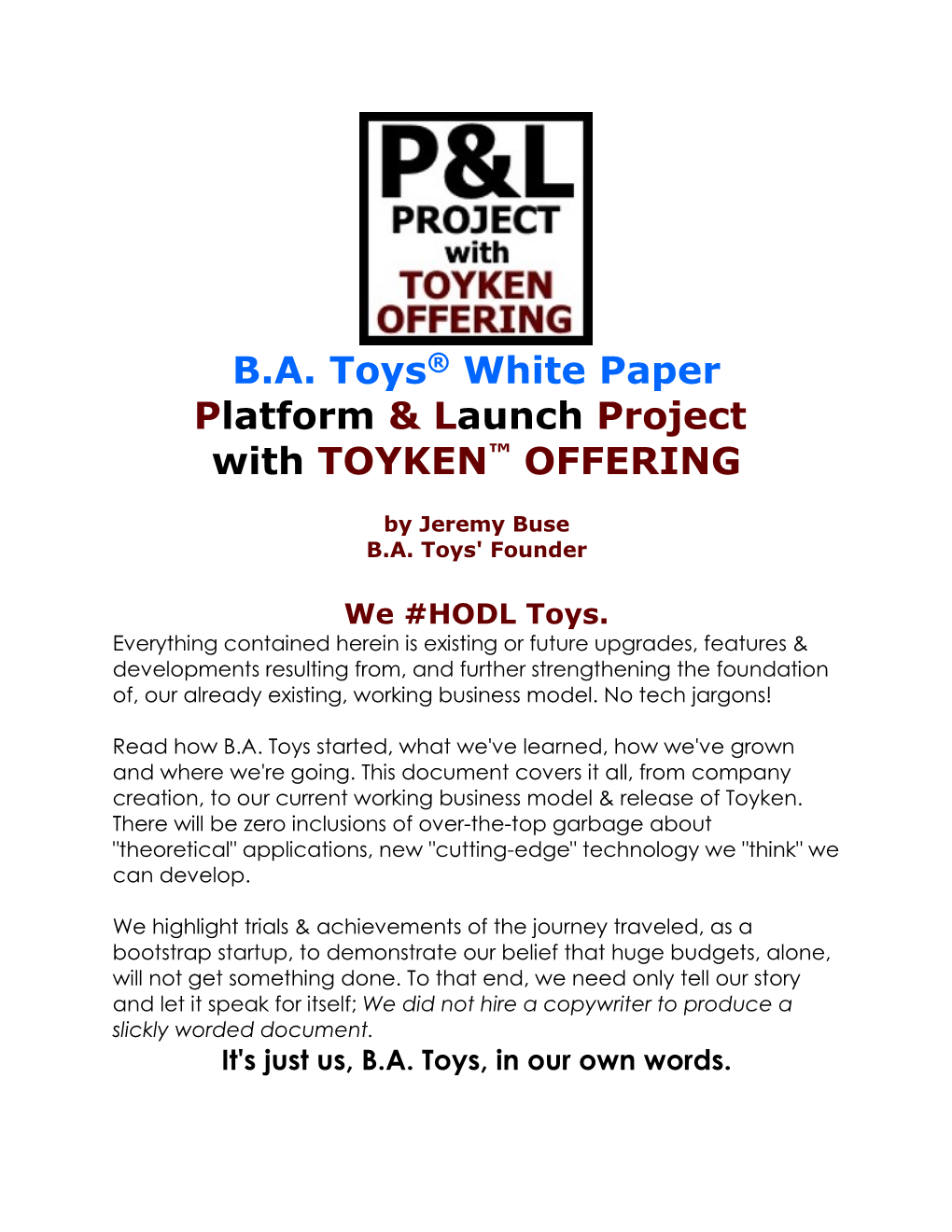 B.A. Toys® White Paper Platform & Launch Project with TOYKEN