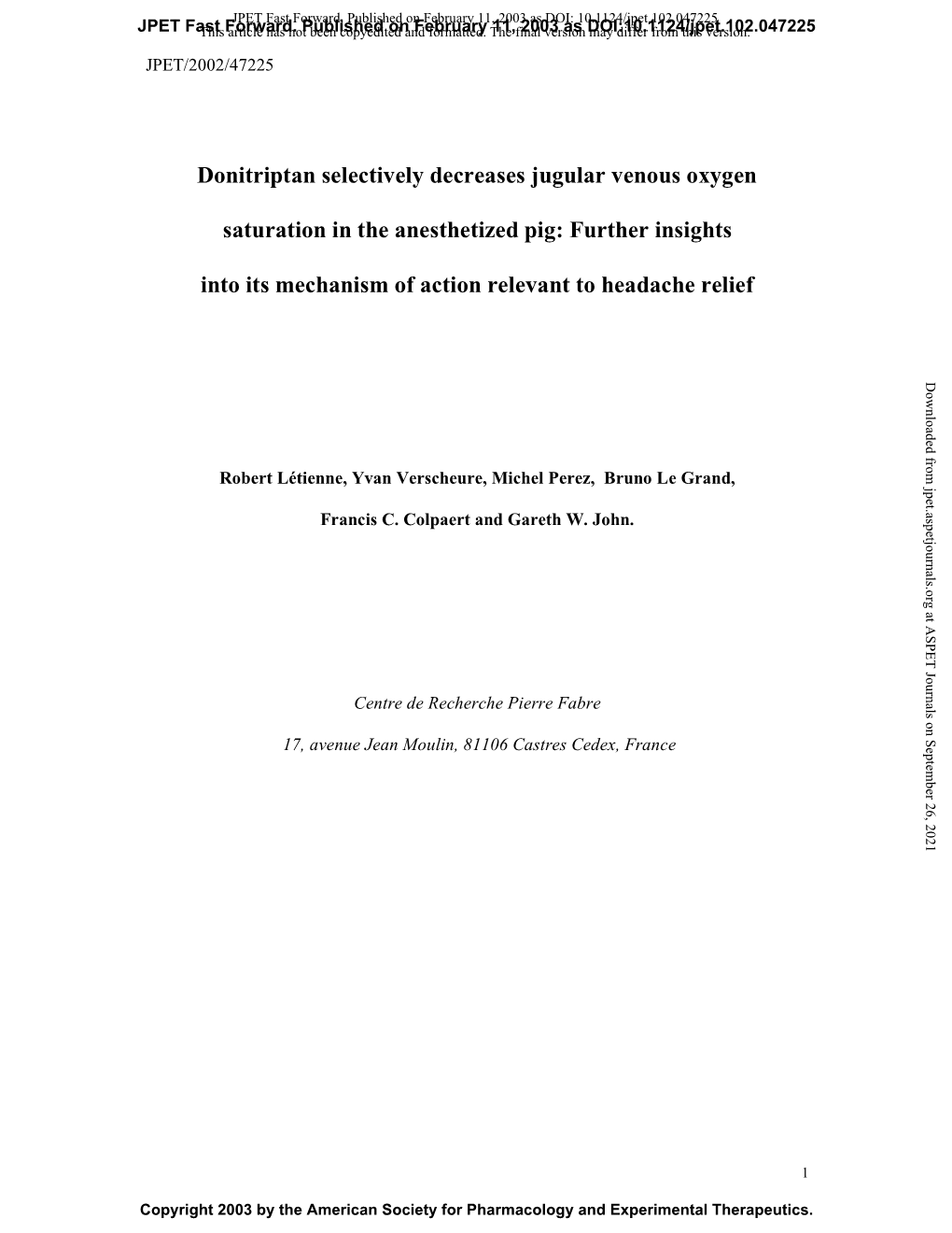 Donitriptan Selectively Decreases Jugular Venous Oxygen Saturation In