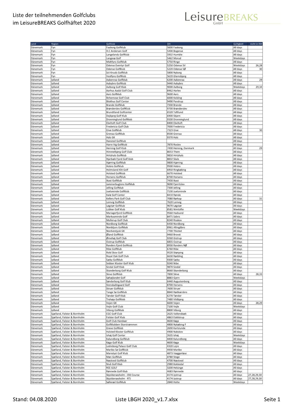 Liste LBGH 2020 V1.7.Xlsx Seite 1 Liste Der Teilnehmenden Golfclubs Im Leisurebreaks Golfhäftet 2020