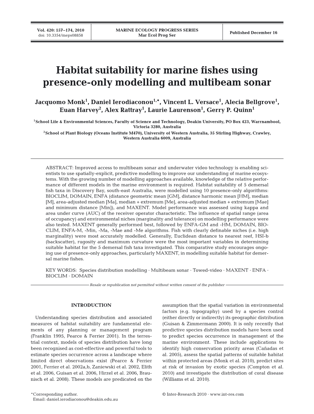 Habitat Suitability for Marine Fishes Using Presence-Only Modelling and Multibeam Sonar