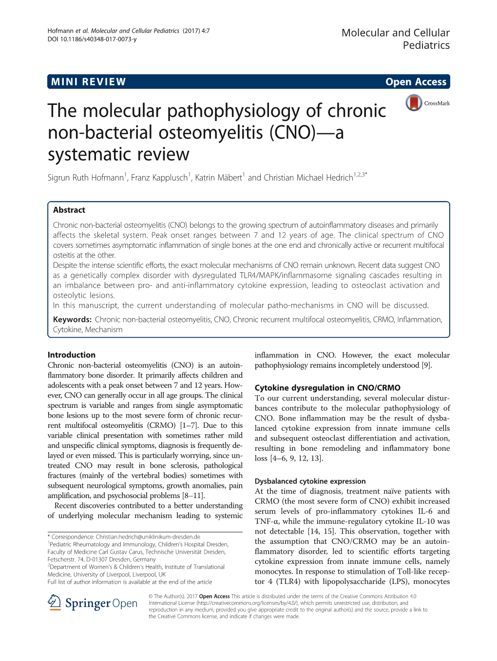 The Molecular Pathophysiology of Chronic Non-Bacterial Osteomyelitis
