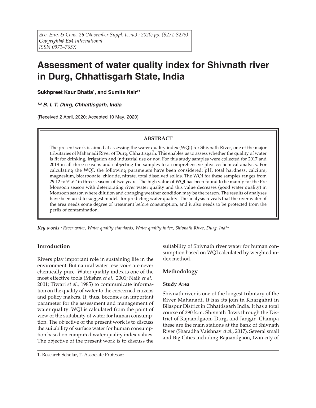 Assessment of Water Quality Index for Shivnath River in Durg, Chhattisgarh State, India