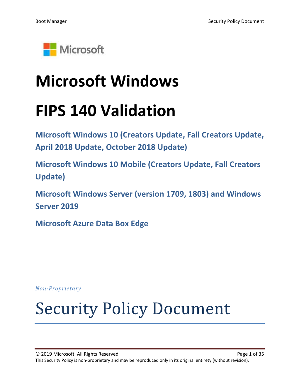 Microsoft Windows FIPS 140 Validation Security Policy Document