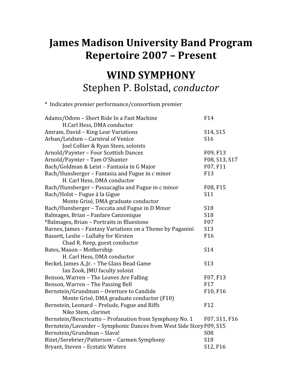 James Madison University Band Program Repertoire 2007 – Present