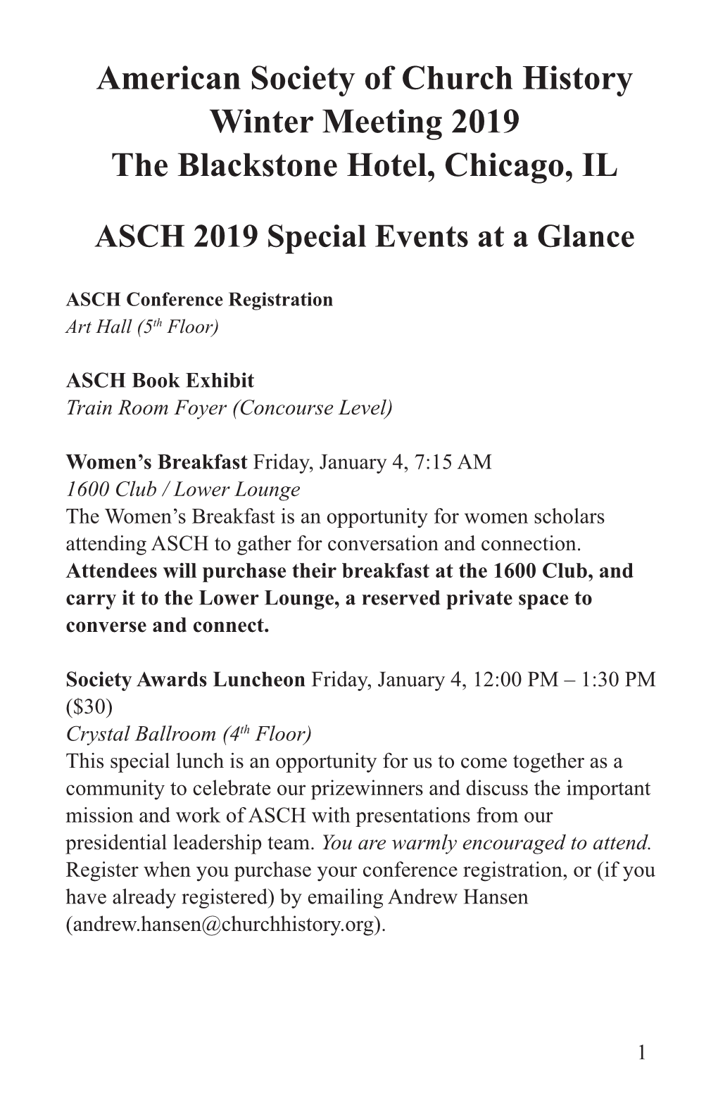 American Society of Church History Winter Meeting 2019 the Blackstone Hotel, Chicago, IL