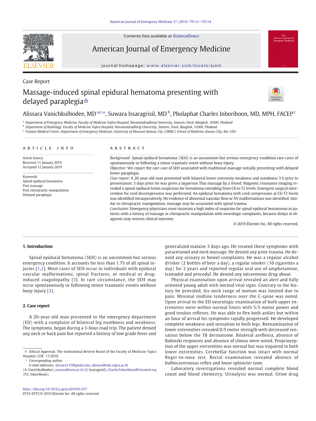 Massage-Induced Spinal Epidural Hematoma Presenting with Delayed Paraplegia☆