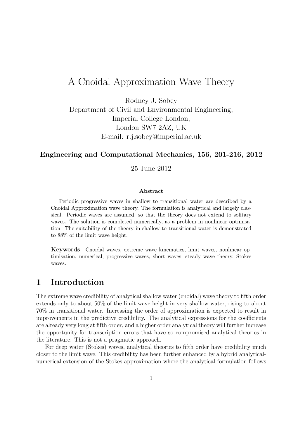 A Cnoidal Approximation Wave Theory