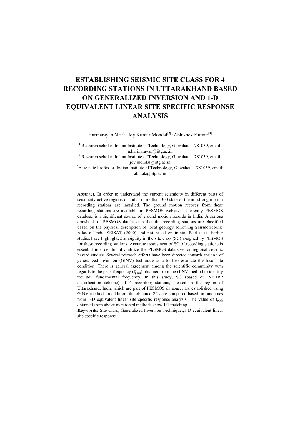 Establishing Seismic Site Class for 4 Recording Stations in Uttarakhand Based on Generalized Inversion and 1-D Equivalent Linear Site Specific Response Analysis