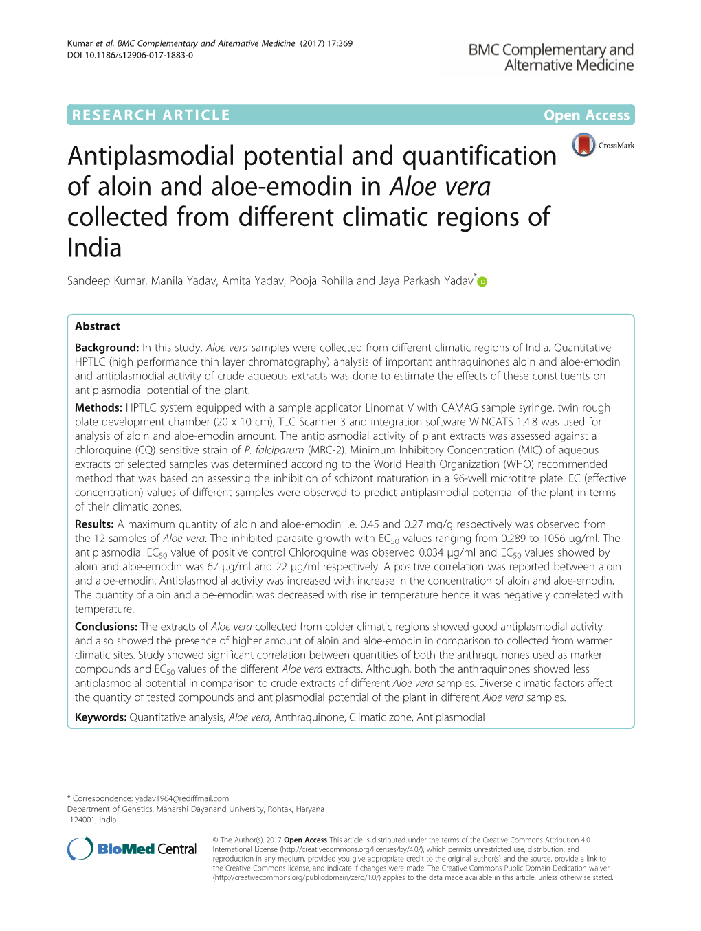 Antiplasmodial Potential and Quantification of Aloin and Aloe