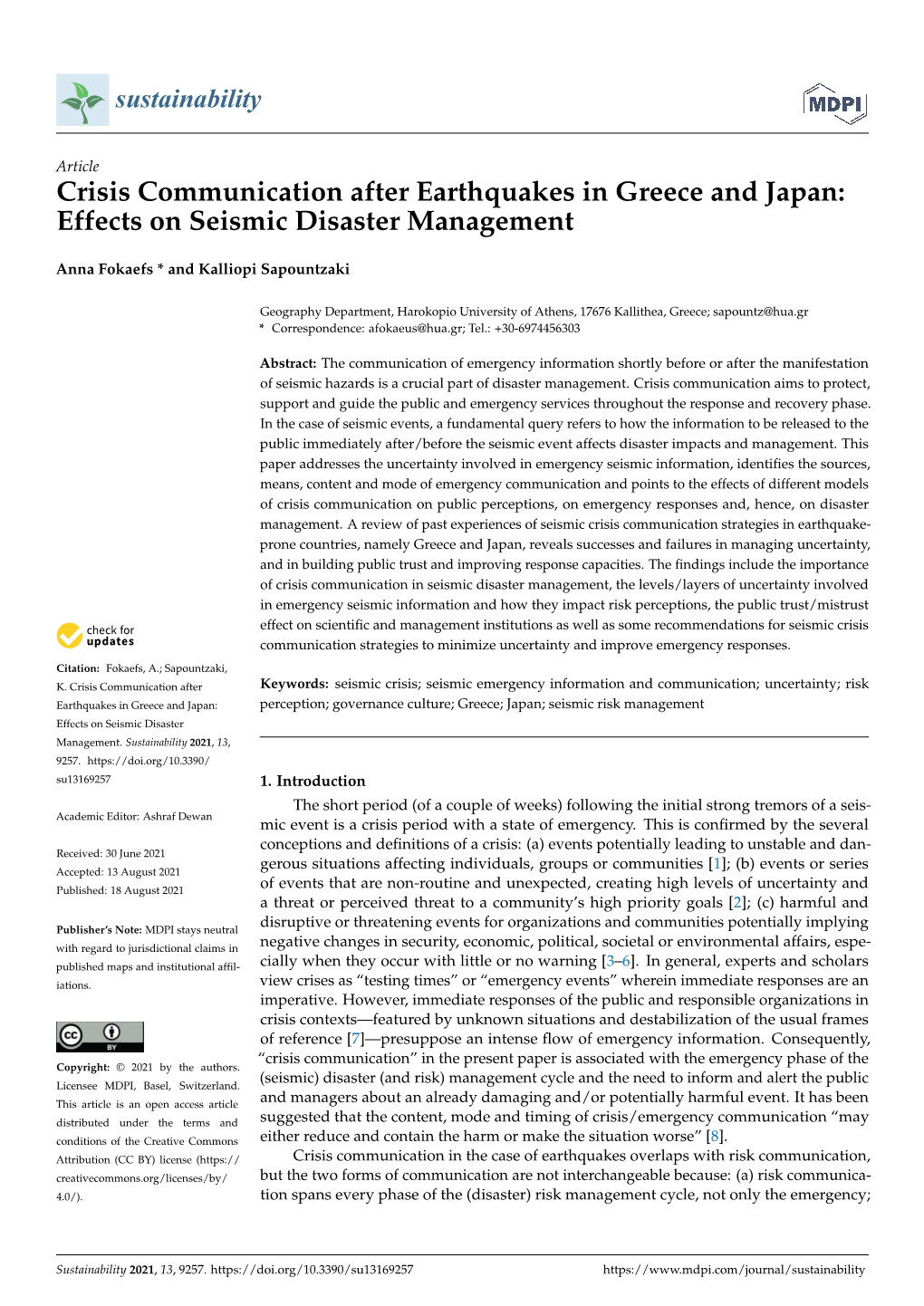 Crisis Communication After Earthquakes in Greece and Japan: Effects on Seismic Disaster Management