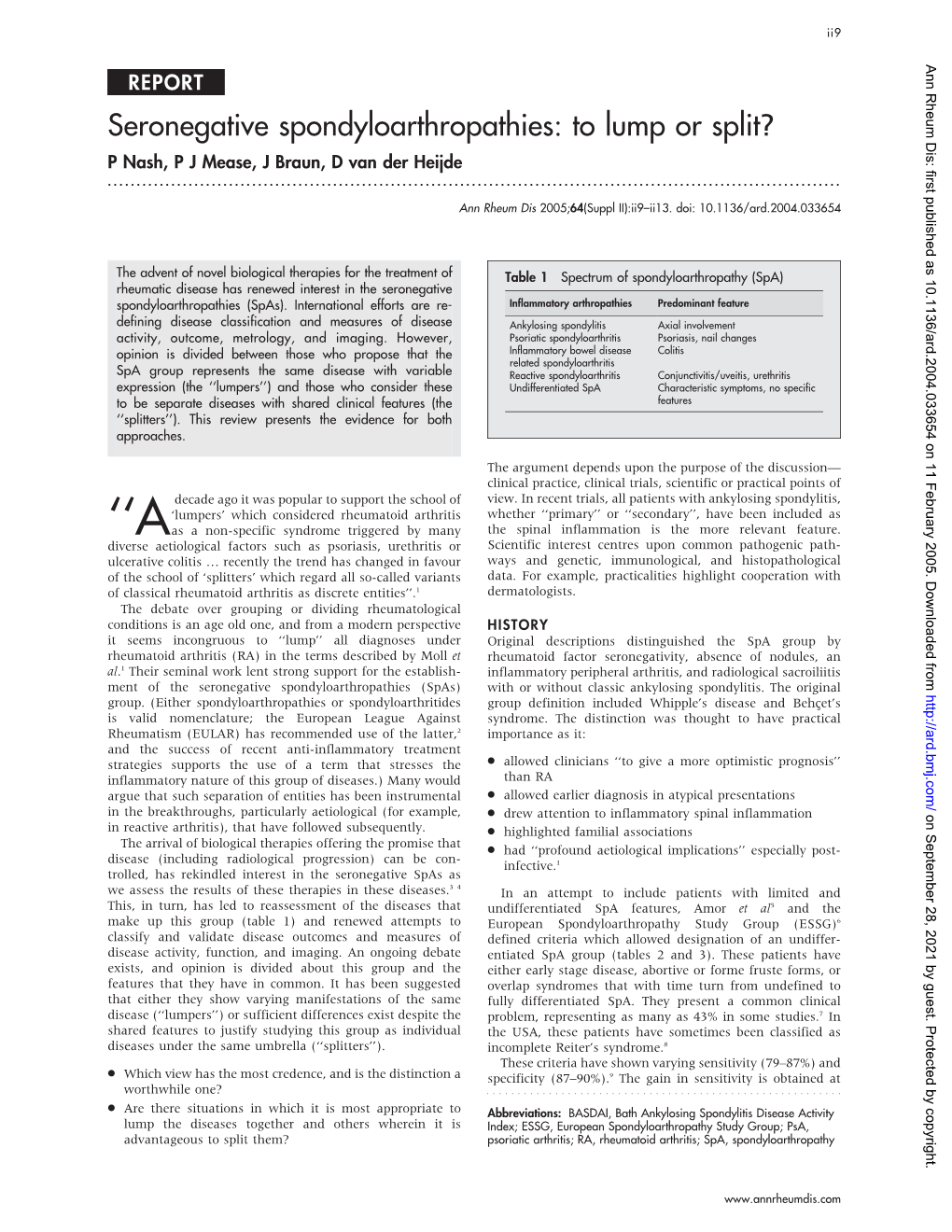 Seronegative Spondyloarthropathies: to Lump Or Split? P Nash, P J Mease, J Braun, D Van Der Heijde