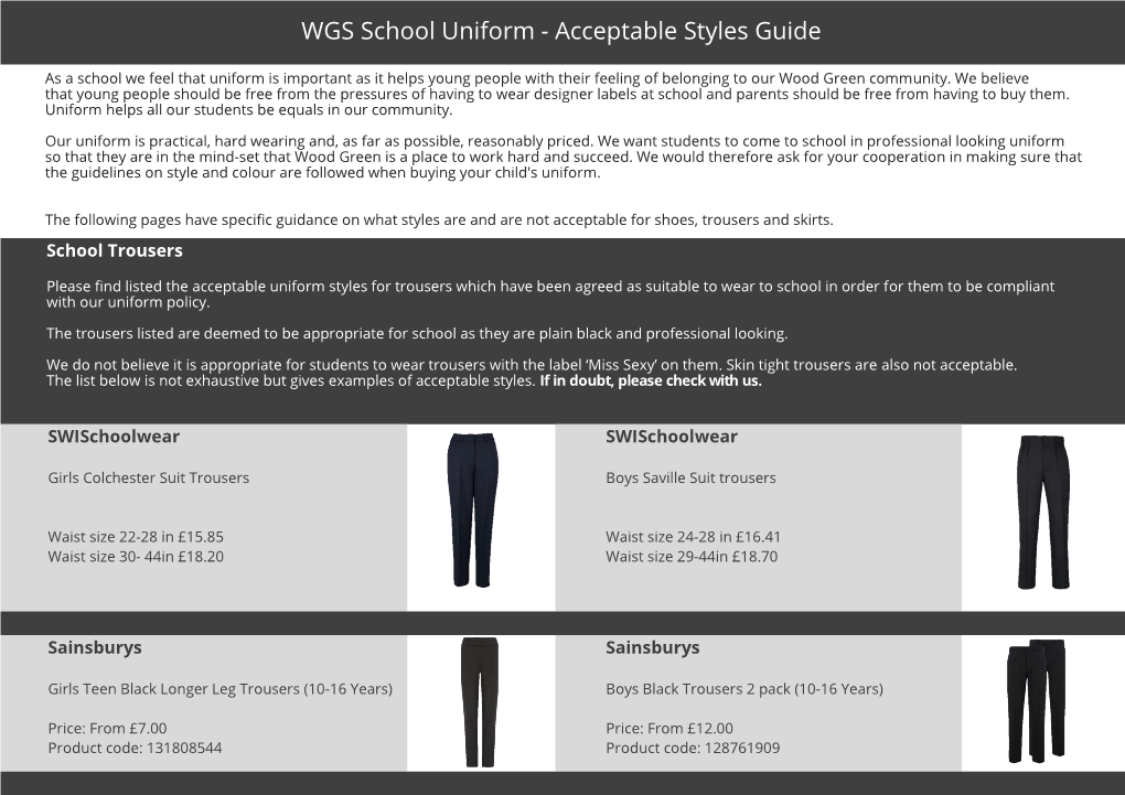 WGS School Uniform - Acceptable Styles Guide