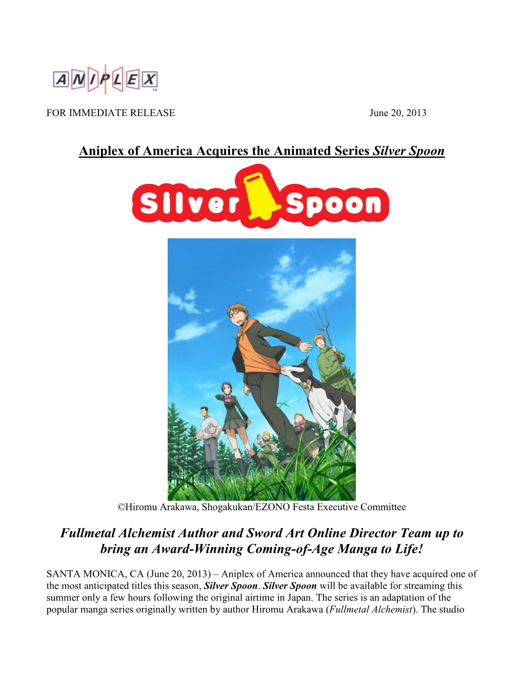 Aniplex of America Acquires the Animated Series Silver Spoon