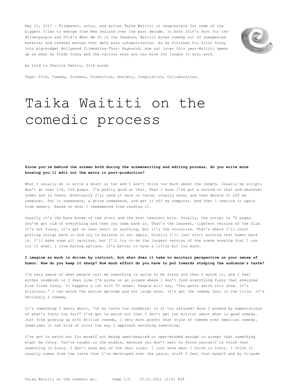 Taika Waititi on the Comedic Process