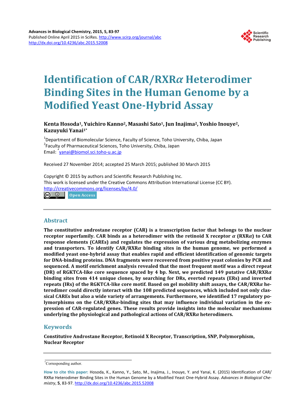 Identification of CAR/Rxrα Heterodimer Binding Sites in the Human Genome by a Modified Yeast One-Hybrid Assay