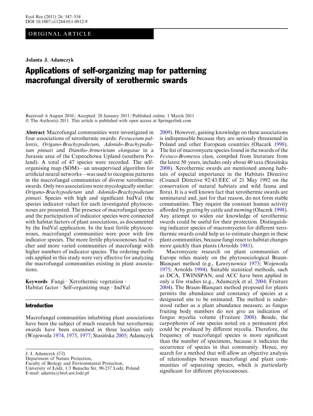 Applications of Self-Organizing Map for Patterning Macrofungal Diversity of Xerothermic Swards