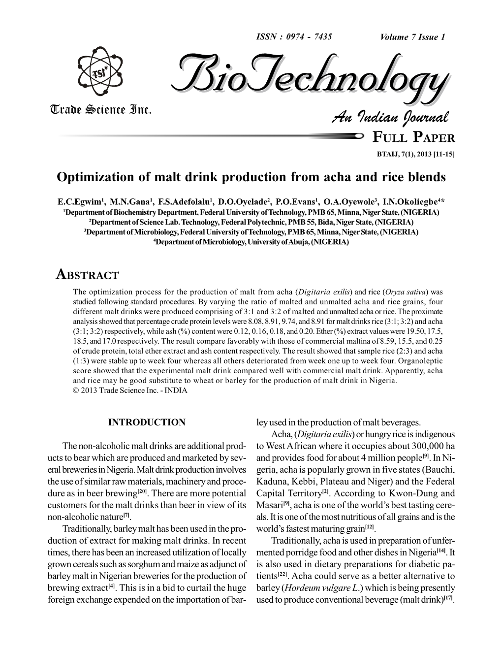 Optimization of Malt Drink Production from Acha and Rice Blends