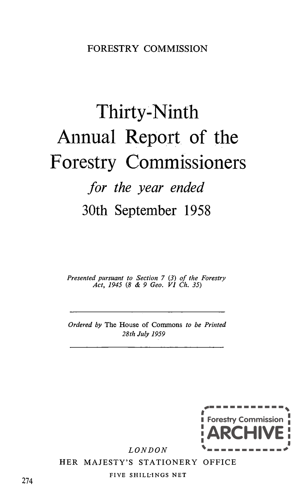 Forestry Commission 39Th Annual Report 1958