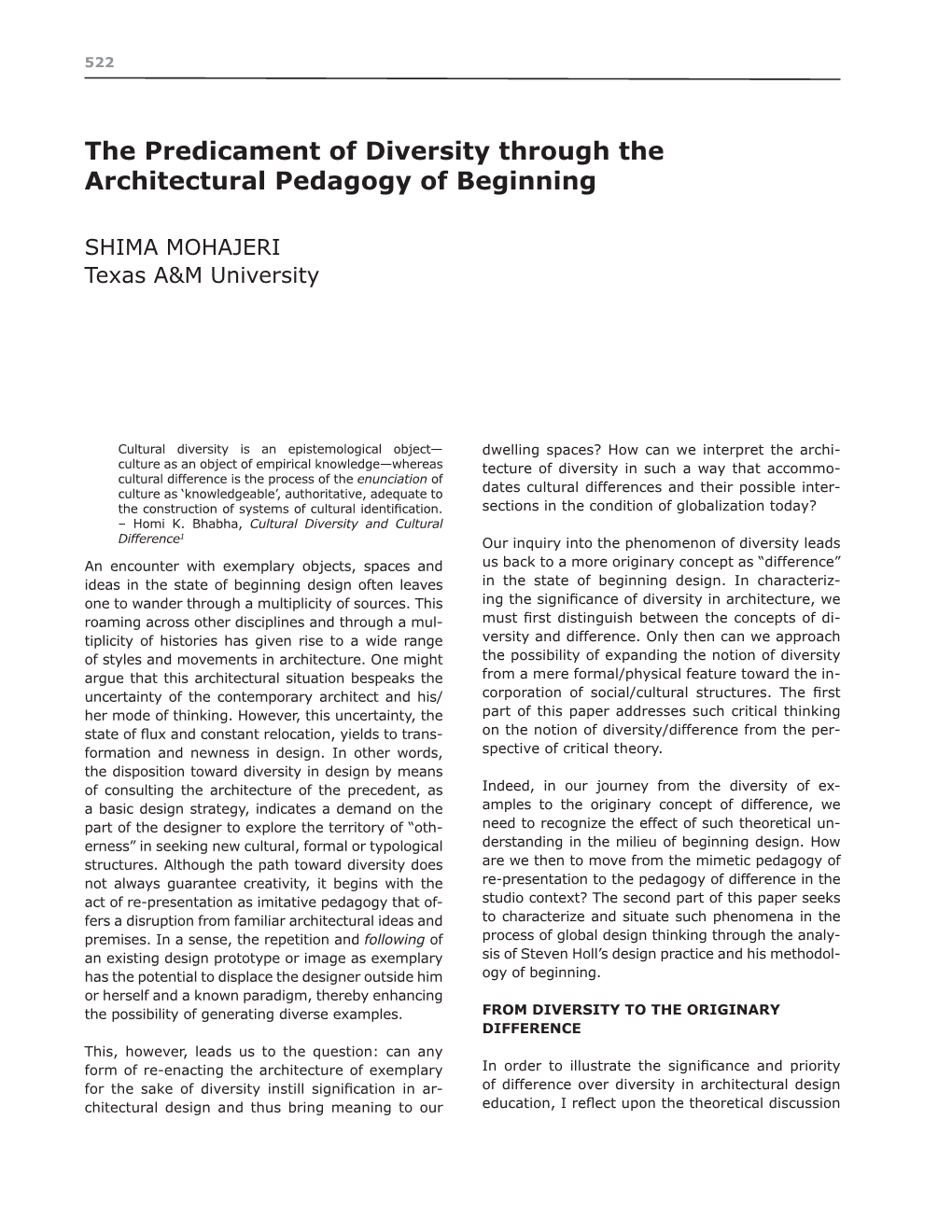 The Predicament of Diversity Through the Architectural Pedagogy of Beginning