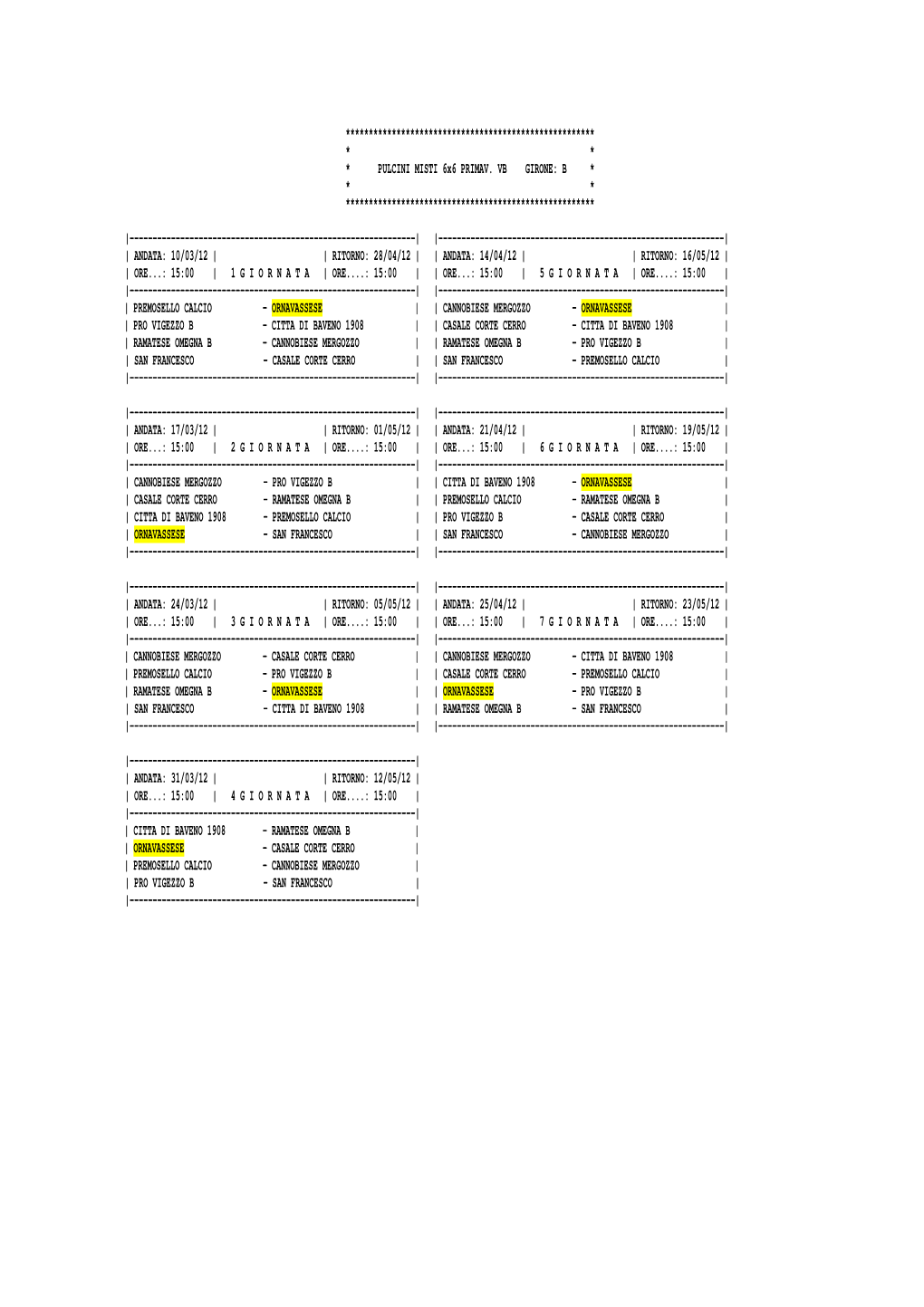 PULCINI MISTI 6X6 PRIMAV. VB GIRONE: B * * * ******************************************************