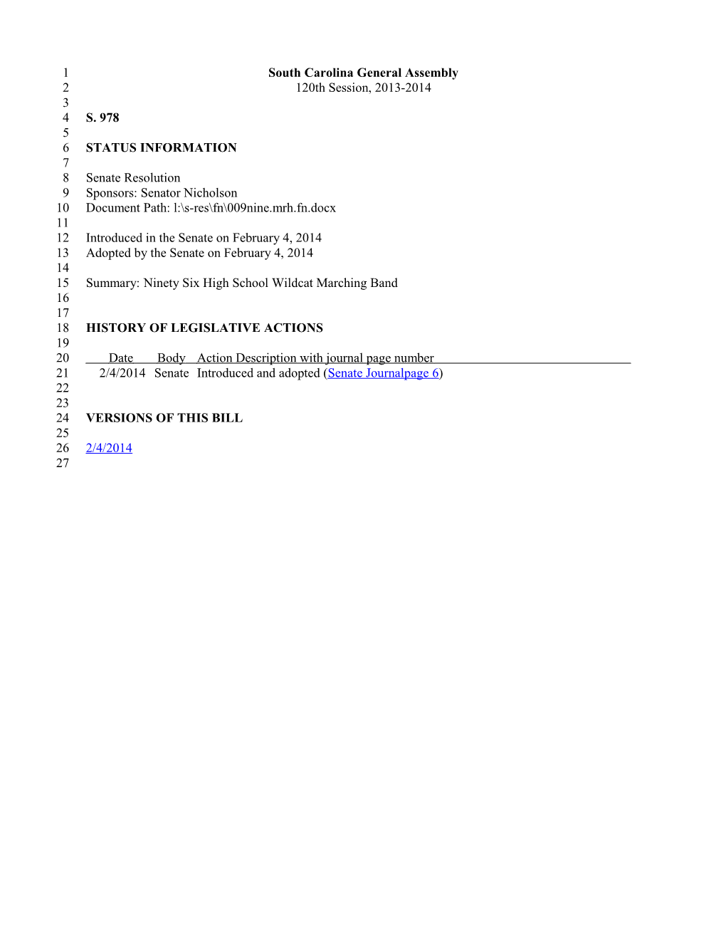 2013-2014 Bill 978: Ninety Six High School Wildcat Marching Band - South Carolina Legislature