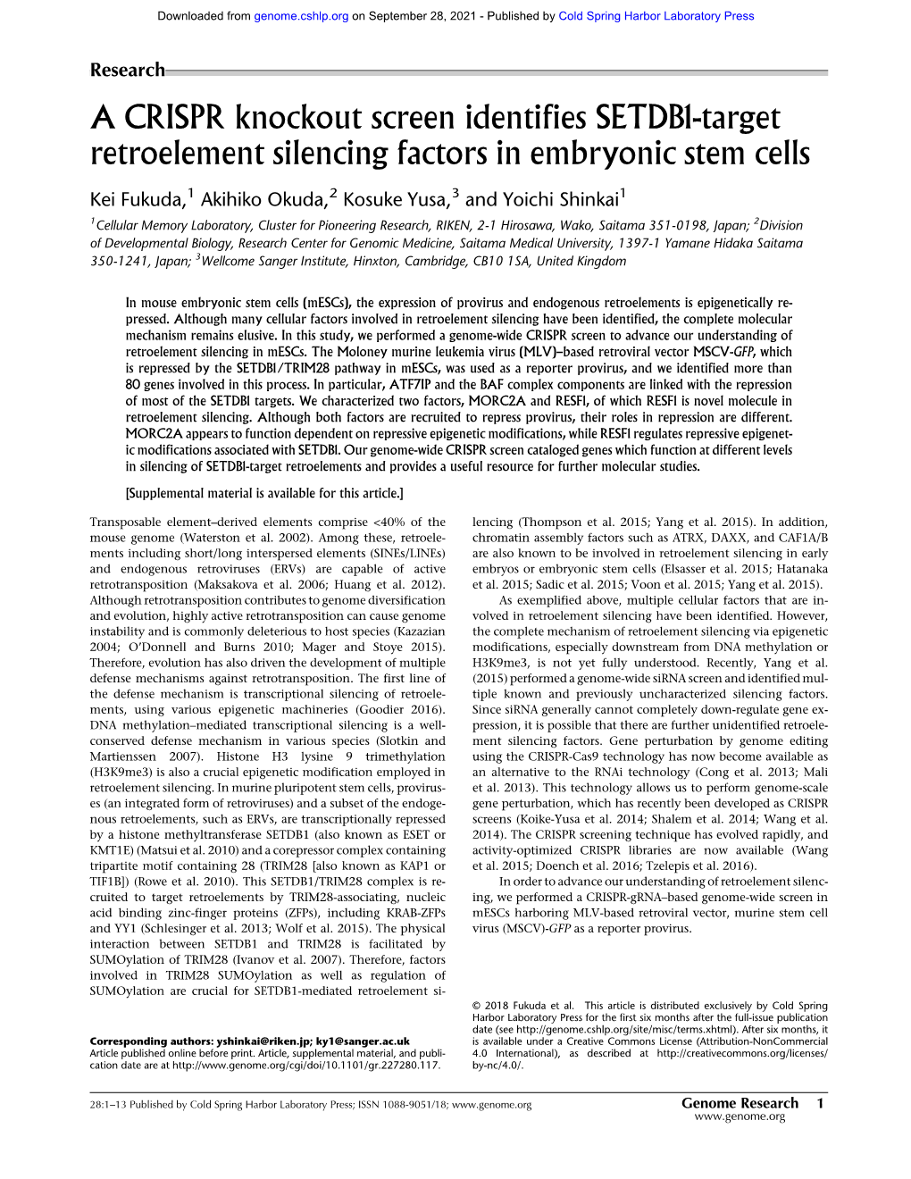 A CRISPR Knockout Screen Identifies SETDB1-Target Retroelement Silencing Factors in Embryonic Stem Cells