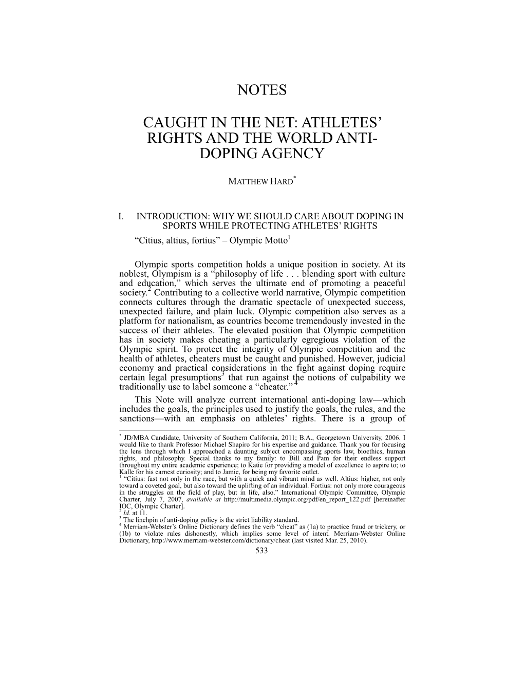 Athletes' Rights and the World Anti-Doping Agency