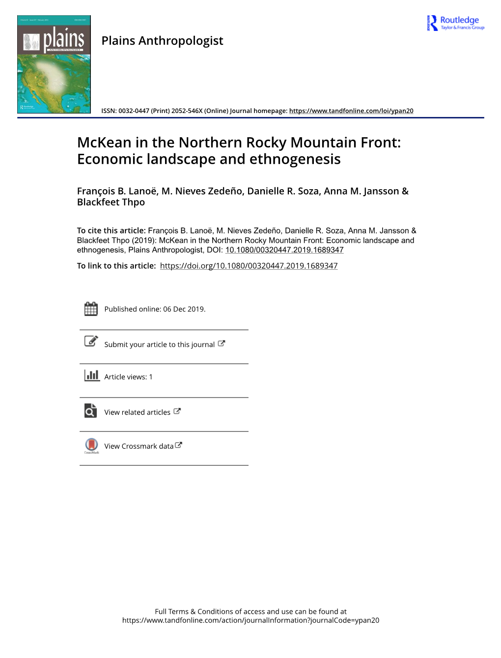 Mckean in the Northern Rocky Mountain Front: Economic Landscape and Ethnogenesis