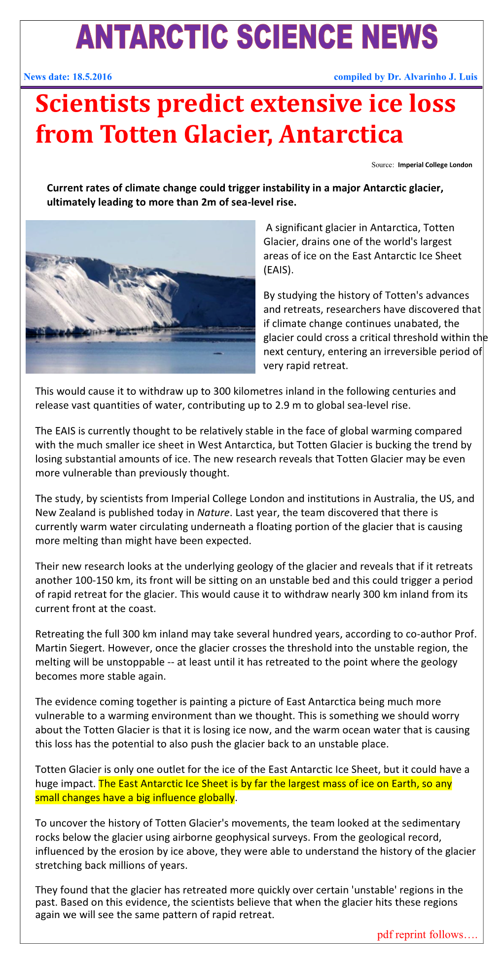 Scientists Predict Extensive Ice Loss from Totten Glacier, Antarctica