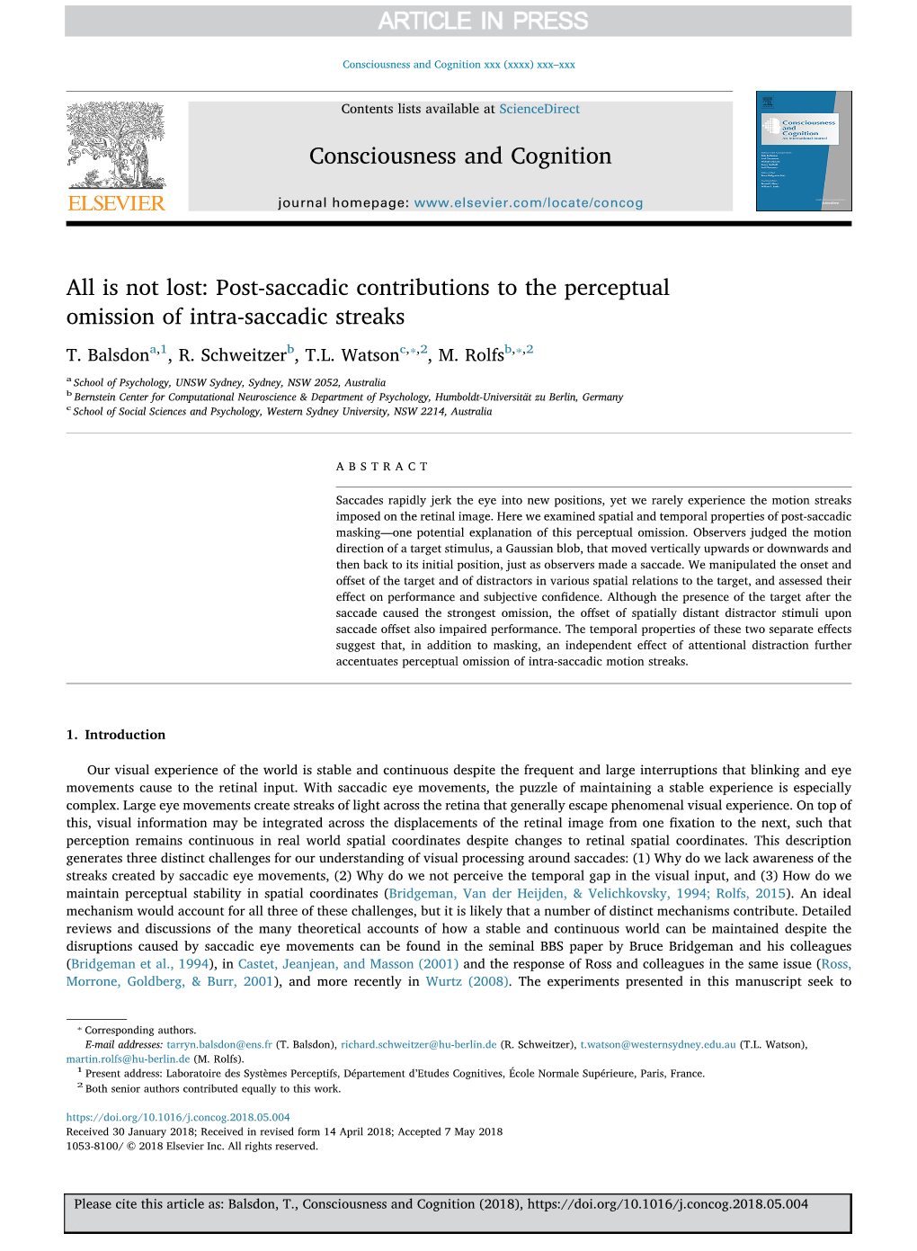 Is Not Lost. Post-Saccadic Contributions to the Perceptual Omission of Intra-Saccadic Streaks