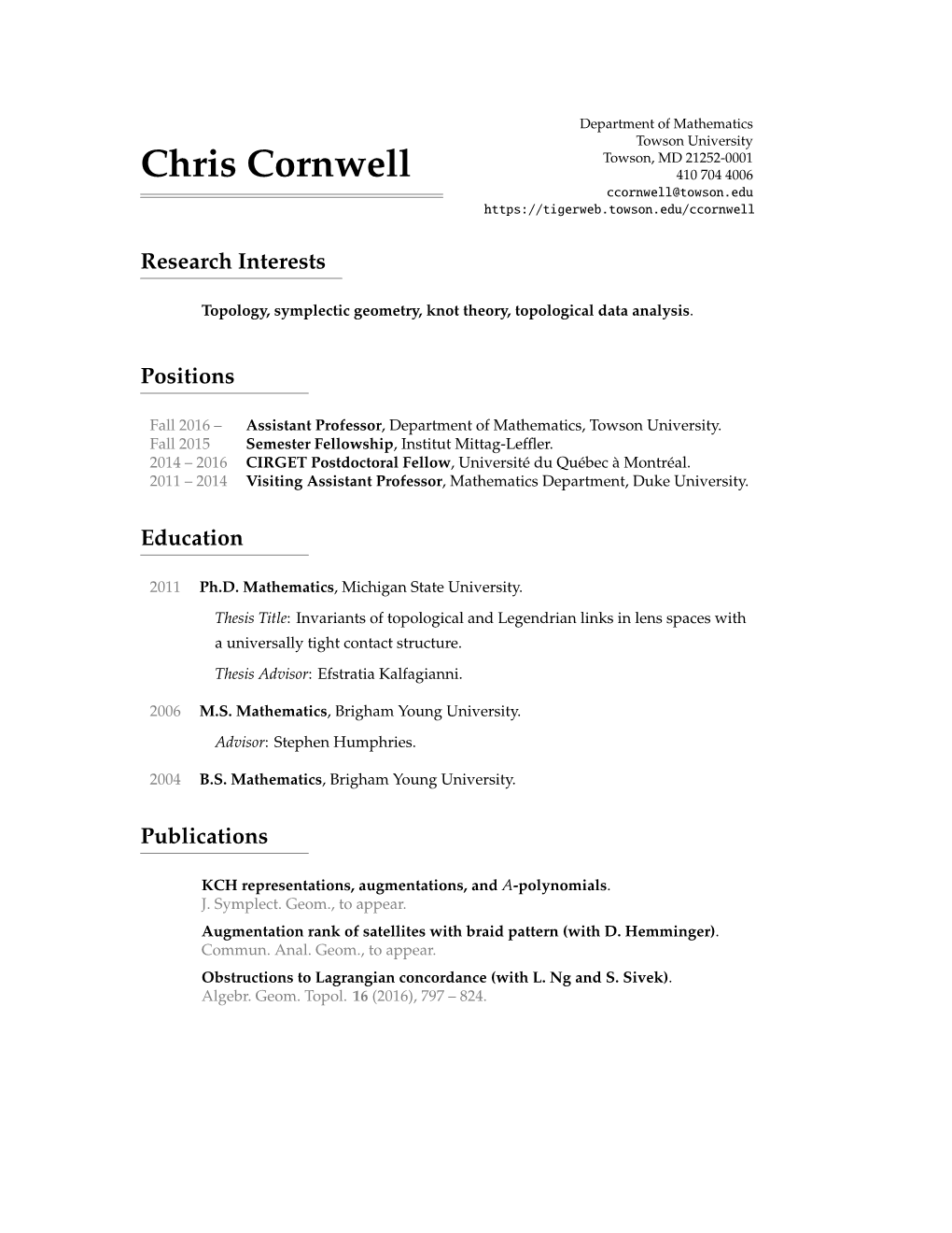 Chris Cornwell: Curriculum Vitae