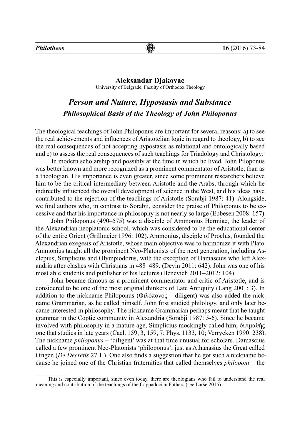 Person and Nature, Hypostasis and Substance Philosophical Basis of the Theology of John Philoponus