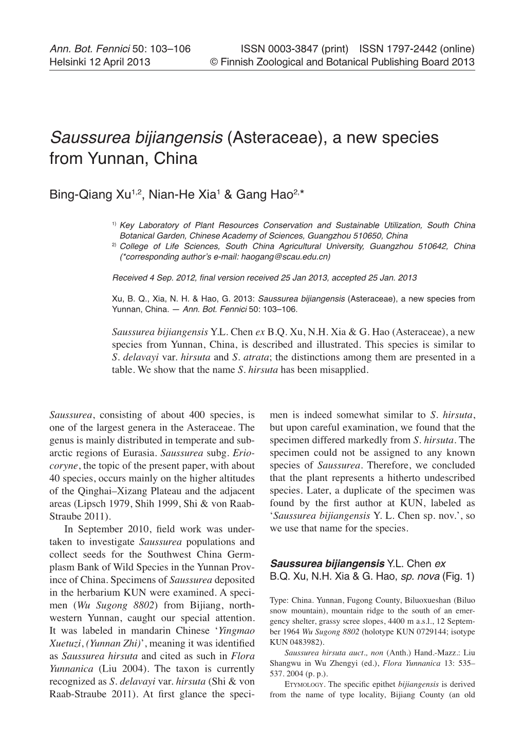 Saussurea Bijiangensis (Asteraceae), a New Species from Yunnan, China